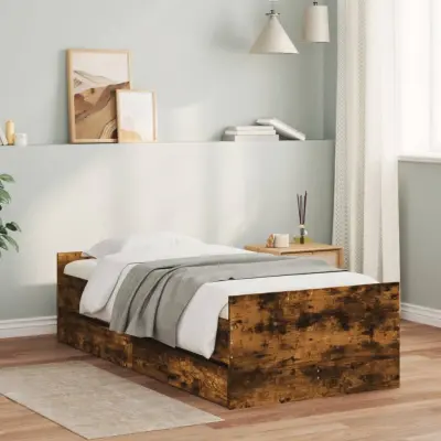 The Living Store Posteljni okvir s predali dimljen hrast 90x200 cm - Posteljni Okvir