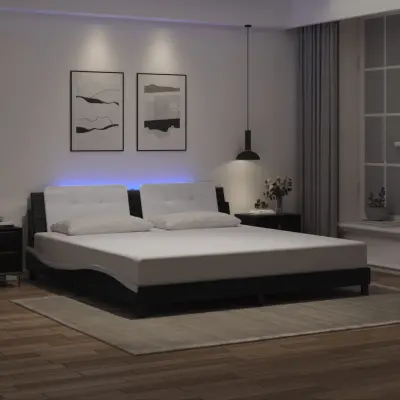 The Living Store Posteljni okvir z LED lučkami črno bel 200x200 cm umetno usnje - Posteljni Okvir