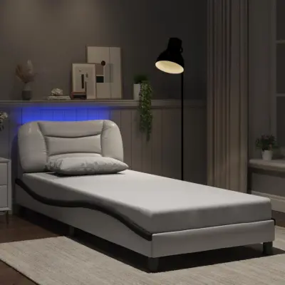 The Living Store Posteljni okvir z LED lučkami bel in črn 90x200 cm umetno usnje - Posteljni Okvir