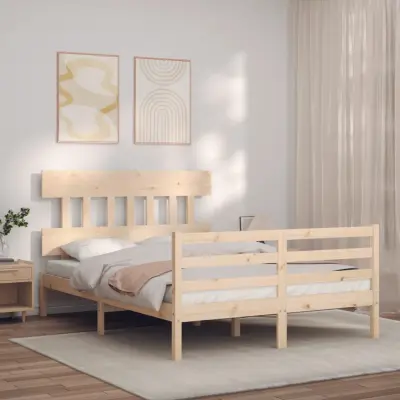 The Living Store Posteljni okvir z vzglavjem 140x190 cm trden les - Posteljni Okvir
