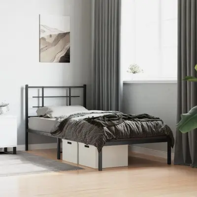 The Living Store Kovinski posteljni okvir z vzglavjem črn 90x200 cm - Posteljni Okvir