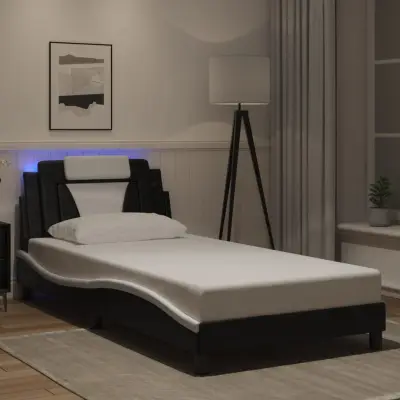 The Living Store Posteljni okvir z LED lučkami črn bel 100x200 cm umetno usnje - Posteljni Okvir