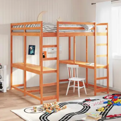 The Living Store Posteljni okvir z mizo in lestvijo rjav 160x200 cm borovina - Otroški Pograd