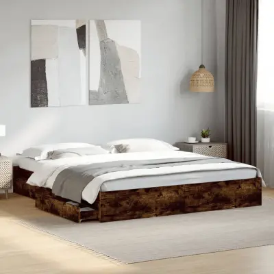 The Living Store Posteljni okvir s predali dimljen hrast 180x200 cm inž. les - Posteljni Okvir
