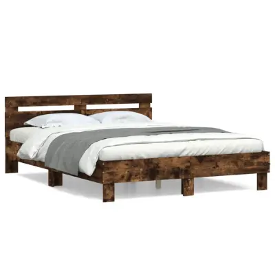 The Living Store Posteljni okvir z vzglavjem dimljen hrast 140x190 cm inž. les - Posteljni Okvir