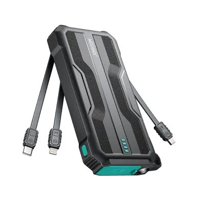 Oklepna zunanja napajalna banka 10000 mAh z USB-C microUSB Lightning kabli in svetilko - črna