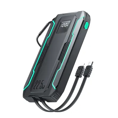 Zunanji napajalnik 10000 mAh na terenu z vgrajenima kabloma USB-C in Lightning, črn