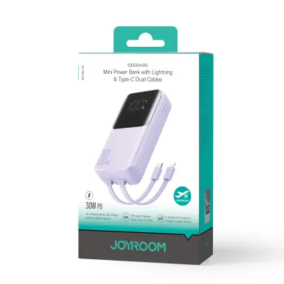 Powerbank 30W 10000mAh z vgrajenim kablom iPhone Lightning in USB-C vijolična