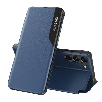 Ovitek za Samsung S24 s preklopom in modrim stojalom iz eko usnja View Case