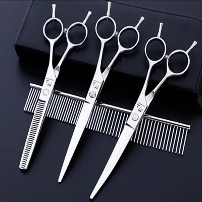Set škarij za pse s škarjami za prirezovanje, škarjami za redčenje, ukrivljenimi škarjami in glavnikom Silver