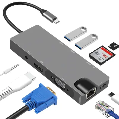9-v-1 USB-C Hub z USB 3.0, HDMI, RJ45, čitalnik kartic SD/TF, 100 W PD, VGA