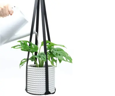 Minimalistično usnjeno viseče stojalo za košaro za cvetlični lonec Black