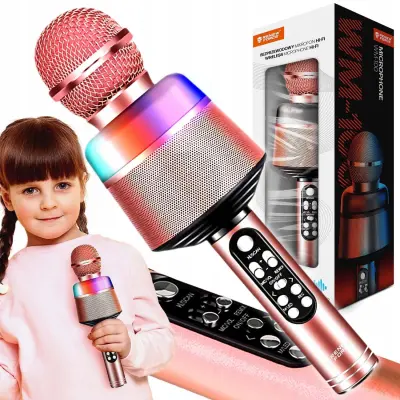 USB aku. 1200mAh bluetooth SD karaoke mikrofon z zvočnikom RGB LED roza