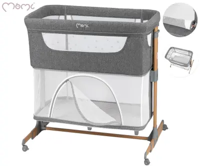 MoMi SMART BED 4v1 pametna otroška postelja, stajica, nastavljiva višina + kot naklona, kroženje zraka, vhod z zadrgo, mreža za komarje, pasovi za pri