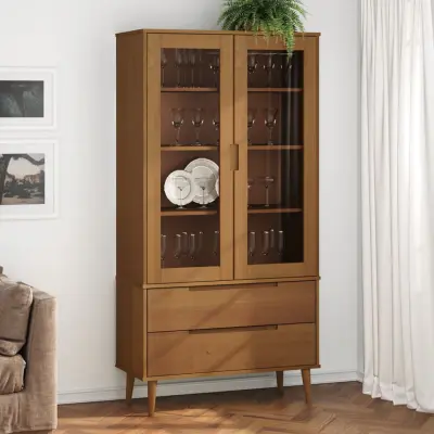 The Living Store Vitrina MOLDE rjava 90x35x175 cm trdna borovina - Vitrina