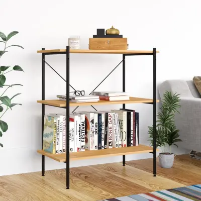 The Living Store 3-nadstropni regal s policami črn in hrast 80x40x92 cm - Regalna Enota