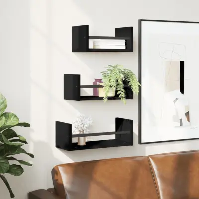 The Living Store Komplet stenskih polic s prečkami 3-delni črn inženirski les - Komplet Stenskih Polic