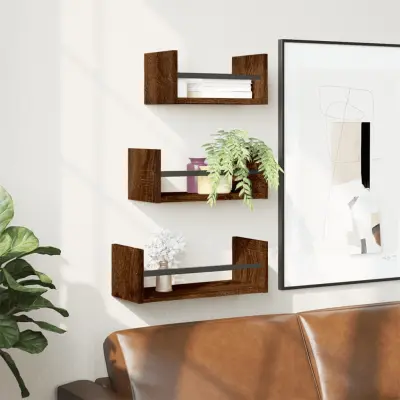 The Living Store Komplet stenskih polic s prečkami 3-delni rjavi hrast inž. les - Komplet Stenskih Polic