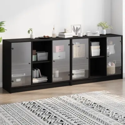 The Living Store Knjižna omara z vrati črna 204x37x75 cm inženirski les - Knjižna Omara