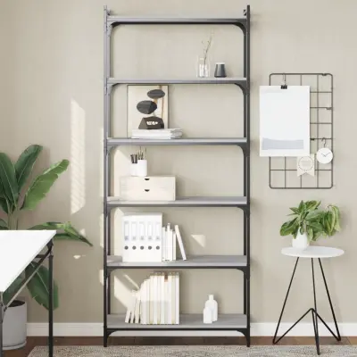 The Living Store Knjižna omara 6-nadstropna siva sonoma 80x30x188 cm inž. les - Knjižna Omara