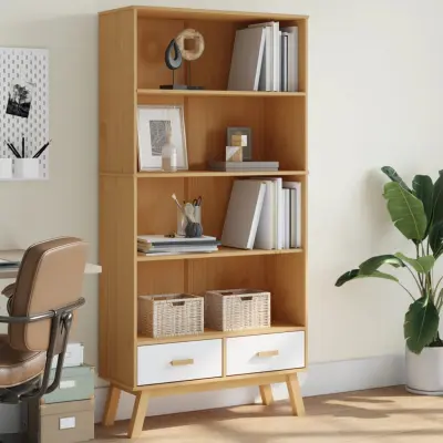 The Living Store Knjižna omara s 4 policami OLDEN bela in rjava trdna borovina - Knjižna Omara
