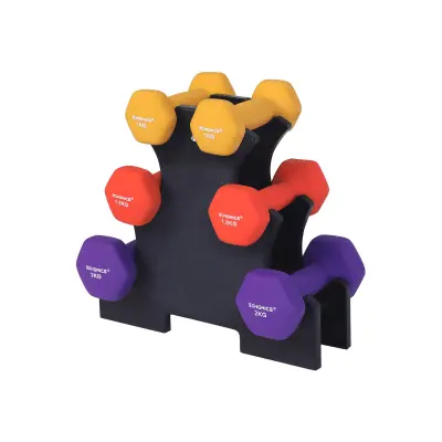 Hexagon dumbbell set s stojalom, 2 x 1 kg, 2 x 1,5 kg, 2 x 2 kg, ročne uteži z mat neoprenskim zaključkom, za domače vaje, rumena, oranžna in vijoličn