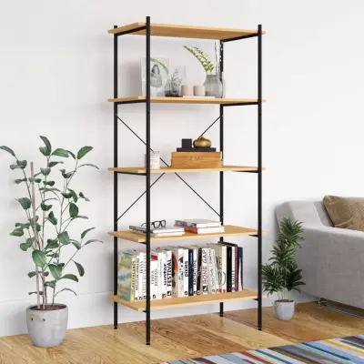 The Living Store 5-nadstropni regal s policami črn in hrast 80x40x163 cm - Regalna Enota