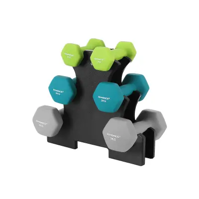 Hexagon Dumbbell Set s stojalom - 2 x 1 kg, 2 x 2 kg, 2 x 3 kg, mat neoprenski zaključek, uteži za domačo vadbo, limeta, turkizna in svetlo siva SYL61