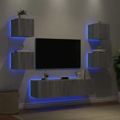 The Living Store Komplet TV omaric LED 6-delni siva sonoma inženirski les - Stenska TV Enota