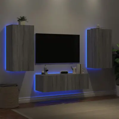 The Living Store Stenske TV omarice z LED lučkami 3 kosi siva sonoma - Stenska TV Omarica
