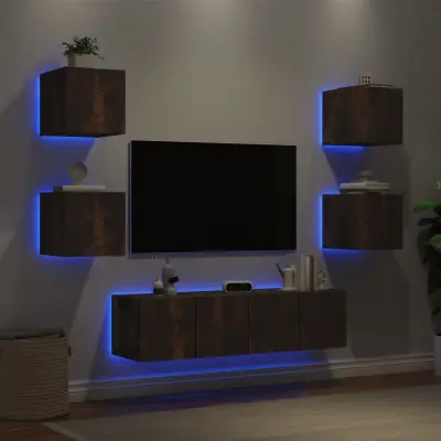 The Living Store Komplet TV omaric LED 6-delni dimljeni hrast inženirski les - Stenska TV Enota