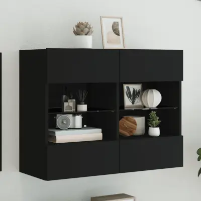 The Living Store Stenska TV omarica z LED lučkami črna 78,5x30x60,5 cm - TV Stenska Omarica