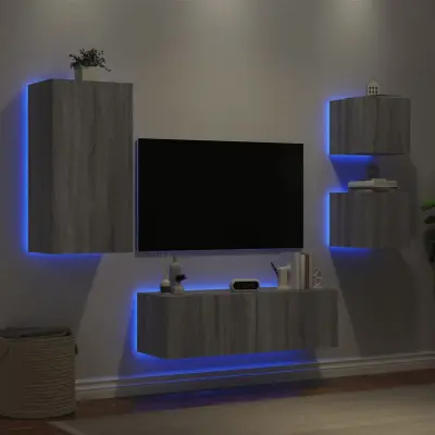 The Living Store Stenske TV omarice z LED lučkami 4 kosi siva sonoma - Stenska TV Omarica