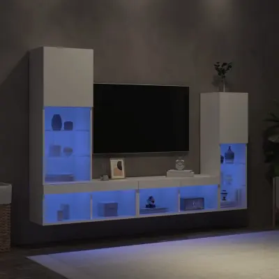 The Living Store Komplet TV omaric LED 4-delni bel inženirski les - Stenska TV Enota