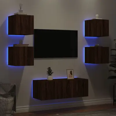 The Living Store Komplet TV omaric LED 6-delni rjavi hrast inženirski les - Stenska TV Enota