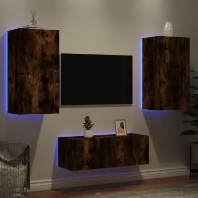 The Living Store Komplet TV omaric LED 4-delni dimljeni hrast inženirski les - Stenska TV Enota