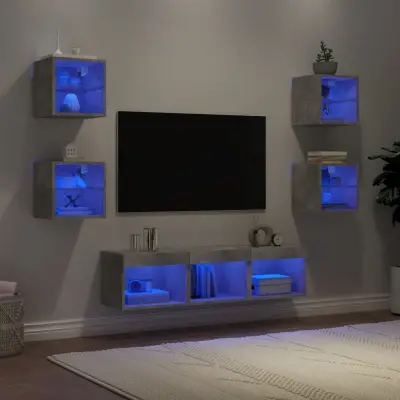 The Living Store Komplet TV omaric LED 7-delni betonsko siv inženirski les - Stenska TV Enota