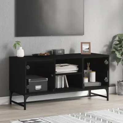The Living Store TV omarica s steklenimi vrati črna 102x37x50 cm - TV Omarica