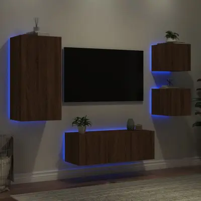 The Living Store Komplet TV omaric LED 5-delni rjavi hrast inženirski les - Stenska TV Enota