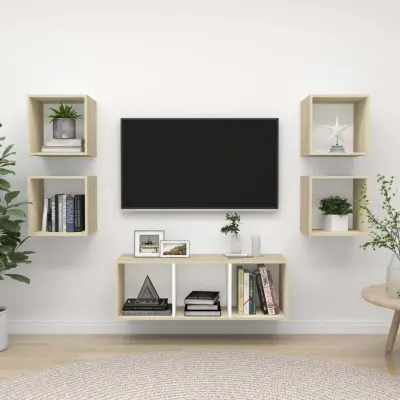 The Living Store Komplet TV omaric 5-delni bel in sonoma hrast iverna plošča - Komplet TV Omaric