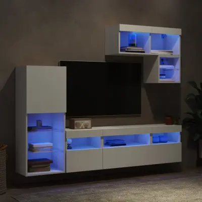 The Living Store Komplet TV omaric LED 6-delni bel inženirski les - Stenska TV Enota