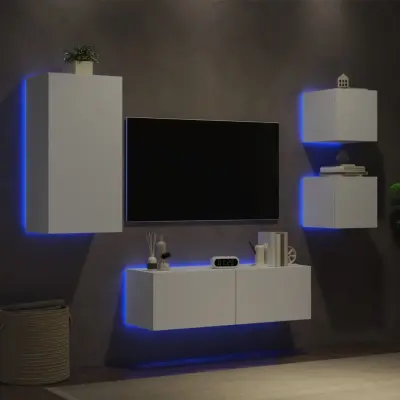 The Living Store Stenske TV omarice z LED lučkami 4 kosi bela - Stenska TV Omarica