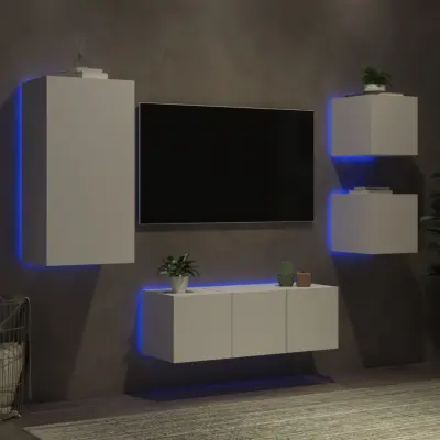 The Living Store Komplet TV omaric LED 5-delni bel inženirski les - Stenska TV Enota