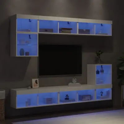 The Living Store Komplet TV omaric LED 8-delni bel inženirski les - Stenska TV Enota
