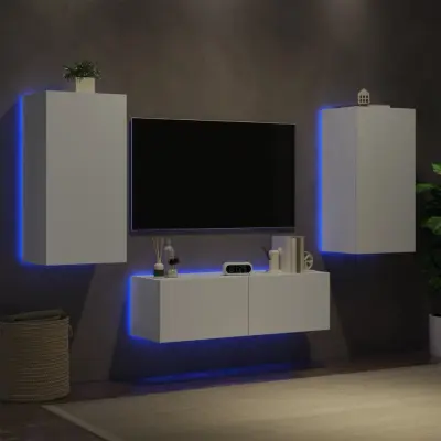 The Living Store Stenske TV omarice z LED lučkami 3 kosi bela - Stenska TV Omarica