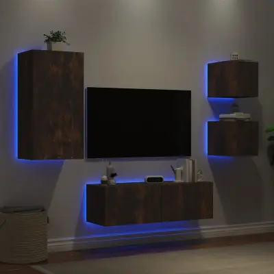 The Living Store Stenske TV omarice z LED lučkami 4 kosi dimljeni hrast - Stenska TV Omarica