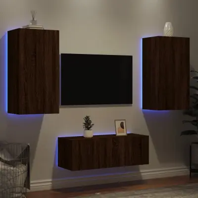The Living Store Komplet TV omaric LED 4-delni rjavi hrast inženirski les - Stenska TV Enota