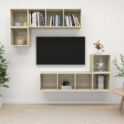 The Living Store Komplet TV omaric 4-delni sonoma hrast iverna plošča - Komplet TV Omaric