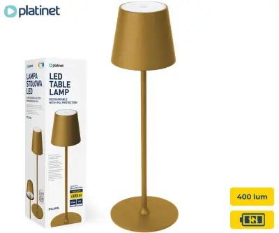 PLATINET PTL44GL brezžična namizna LED svetilka, do 400 lumnov,  4000mAh polnilna baterija, IP44 odpornost, USB Type-C, kovina, zlata