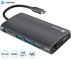 Priklopna postaja NATEC FOWLER 2, 3x USB-A 3.0, 1x HDMI, 1x RJ-45, 1x USB-C, 1x SD/microSD, max 4K UHD, 5 GB/s, Plug&Play, PD 3.0, 100W, barva: siva